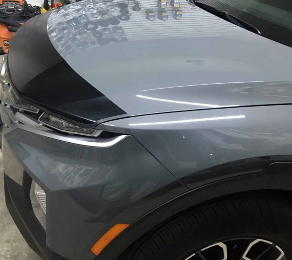 2022 Hyundai Santa Cruz Gray with a black car bra side view MagnetBra