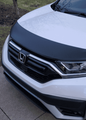 White 2021 Honda CRV with a magnetic car bra