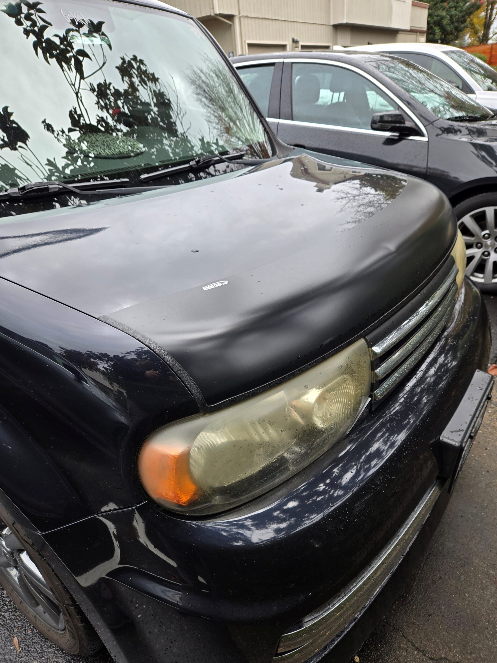 Side view of a Nissan cube 2009 with a black magnetic car bra